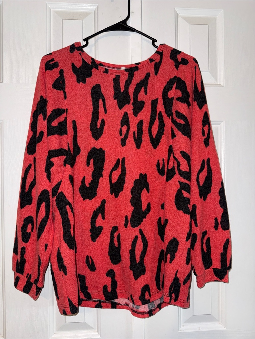 Red and Black Leopard Print Crew Neck Sweater